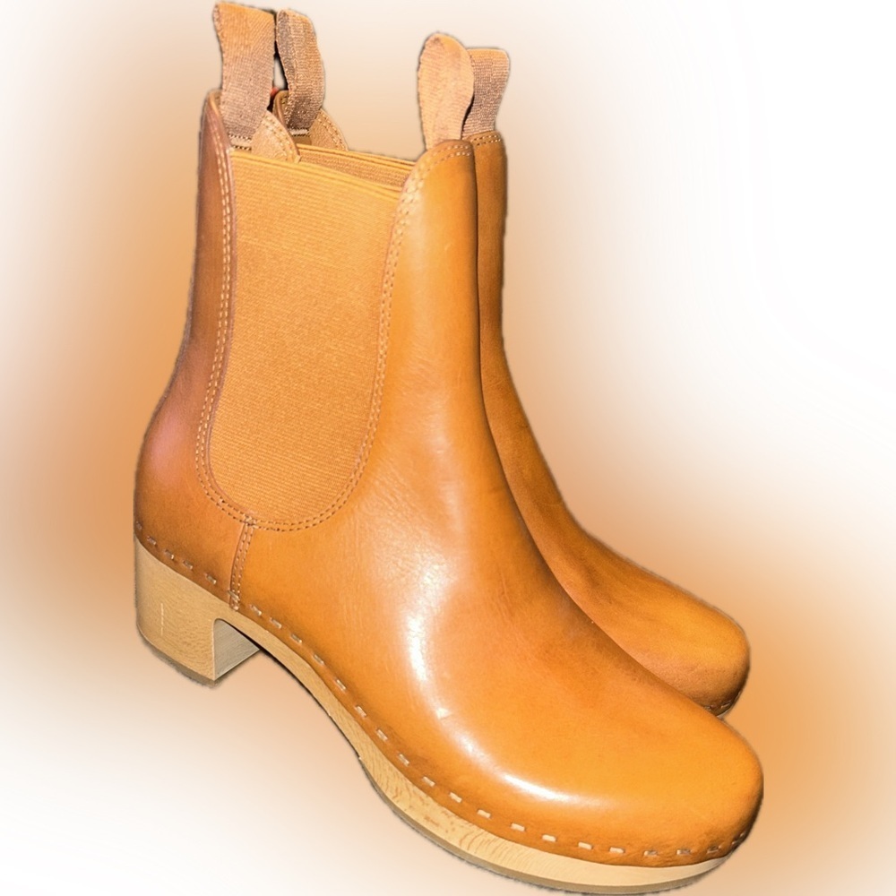 NWOB Loeffler Randall Annabelle Tan Leather Chelsea Boots Wood Clog Block Heel 7 - Picture 2 of 12